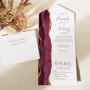 Moderne burgunderrote Gold-Achat-Rosé-Hochzeit All In One Einladung