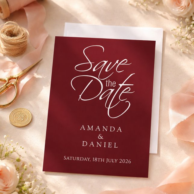 Moderne Burgunderrote Hochzeit Save The Date (Von Creator hochgeladen)