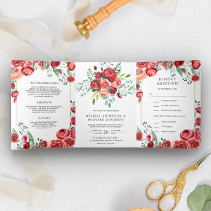 Moderne Burgunderrote Rosen Floral 3 in 1 Hochzeit Dreifach Gefaltete Einladung