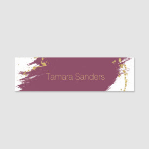 Moderne Burgundi Gold Paint Strokes Namensschild