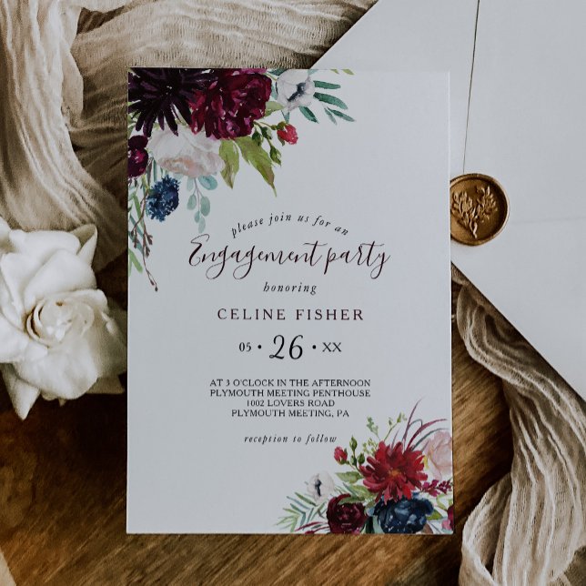 Moderne burgundische Navy Blush Floral Engagement  Einladung (Von Creator hochgeladen)