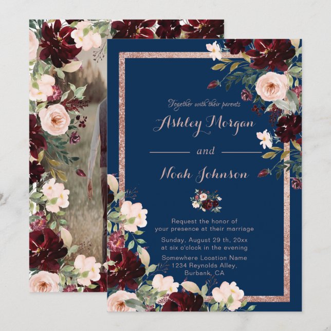 Moderne Burgundy Blue Wedding Einladung Navy Blue (Vorne/Hinten)