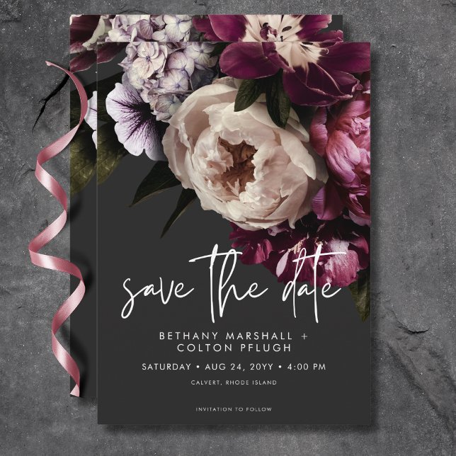 Moderne Burgundy & Cream Peonies Floral Black Save The Date (Modern Burgundy & Cream Peonies Floral Black Save The Date)