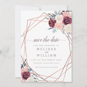 Moderne Burgundy-Floral Geometric Ivory Wedding Save The Date
