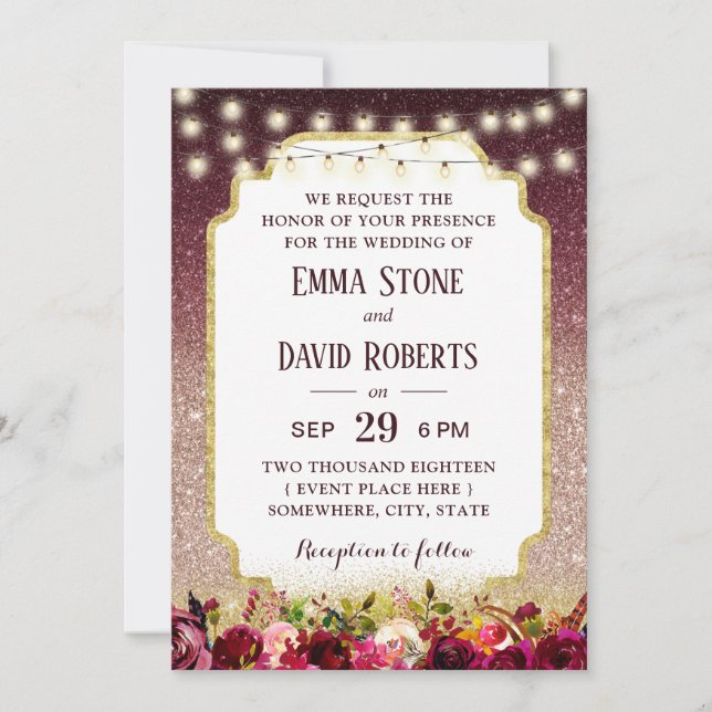 Moderne Burgundy Floral Rose Gold Ombre Wedding Einladung (Vorderseite)