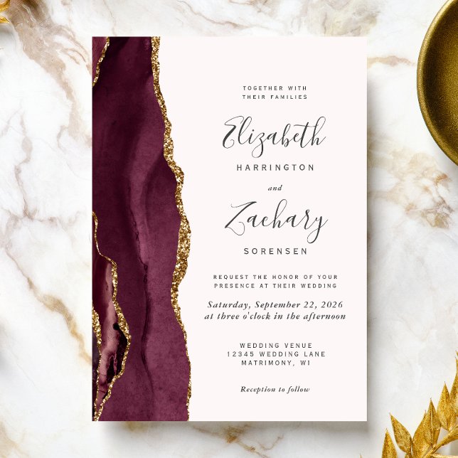 Moderne Burgundy Gold Agate Blush Hochzeit Einladung (A perfect choice for a burgundy and blush themed wedding.)