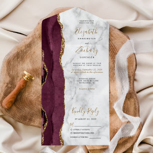 Moderne Burgundy Gold Agate Marble Wedding All In One Einladung