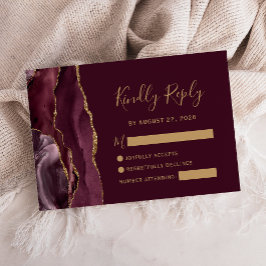 Moderne Burgundy Gold Agate Wedding RSVP Card Karte