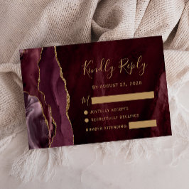 Moderne Burgundy Gold Agate Wedding RSVP Karte