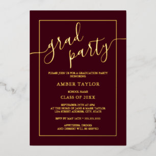 Moderne Burgundy Gold Graduation Party Folieneinladung