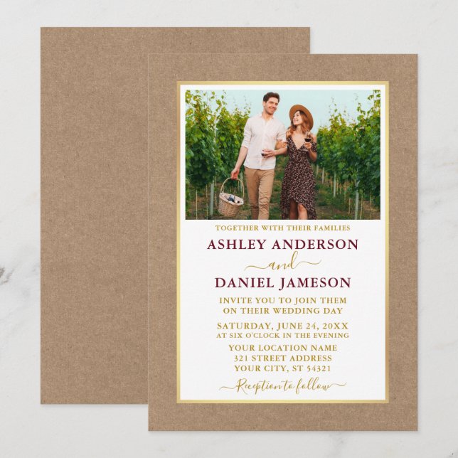Moderne Burgundy Gold Kraft Wedding Einladung (Vorne/Hinten)