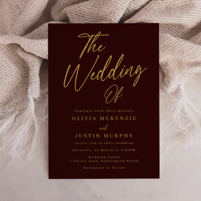Moderne Burgundy & Gold Script Hochzeit Einladung (Von Creator hochgeladen)