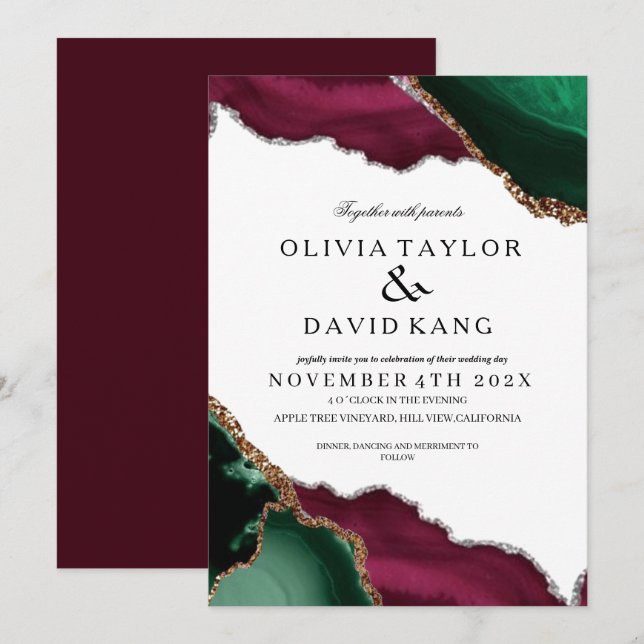 Moderne Burgundy & Green Agate Hochzeit Einladung (Vorne/Hinten)