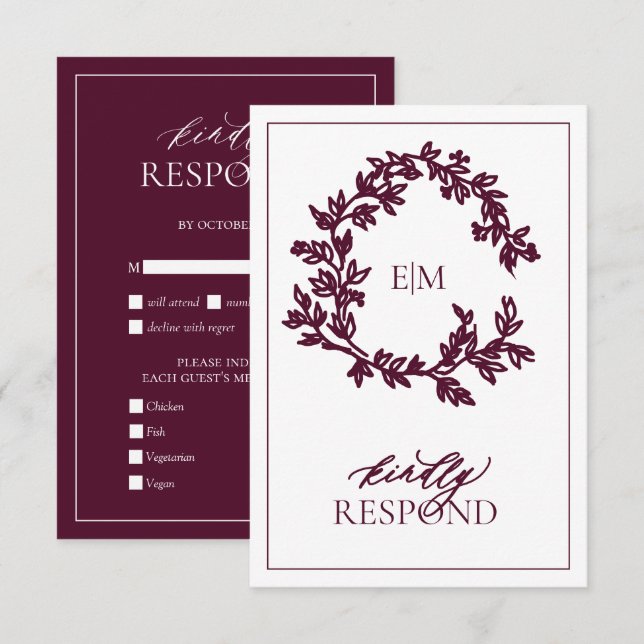 Moderne Burgundy Monogram Wedding RSVP Card Karte (Vorne/Hinten)