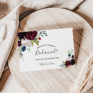 Moderne Burgundy Navy Blush Floral Bridesmaid Einladungspostkarte