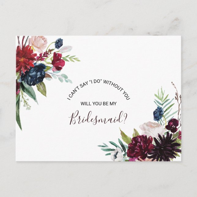 Moderne Burgundy Navy Blush Floral Bridesmaid Einladungspostkarte (Vorderseite)