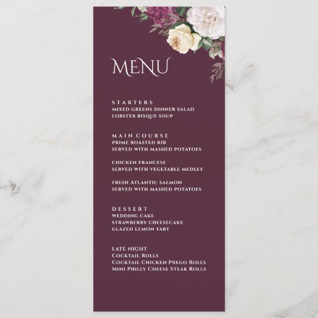 Moderne Burgundy Peonies Wedding Menu Card Menükarte (Vorderseite)