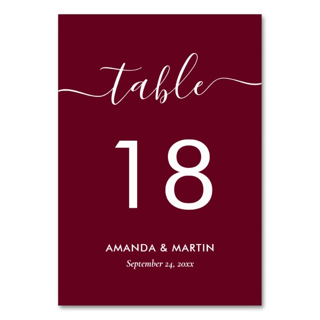 Moderne Burgundy Red Tischnummer Card (Vorderseite)