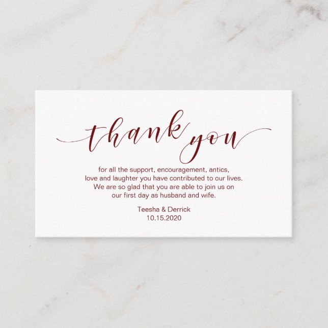 Moderne burgundy Schrift, Hochzeit Danke Begleitkarte (Vorderseite)