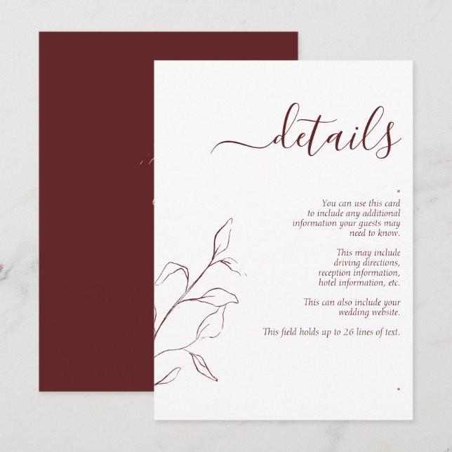 Moderne Burgundy Script-Hochzeitdetails - Einschli Begleitkarte (Vorne/Hinten)