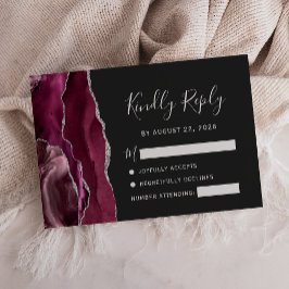 Moderne Burgundy Silver Agate Dark Wedding RSVP Karte