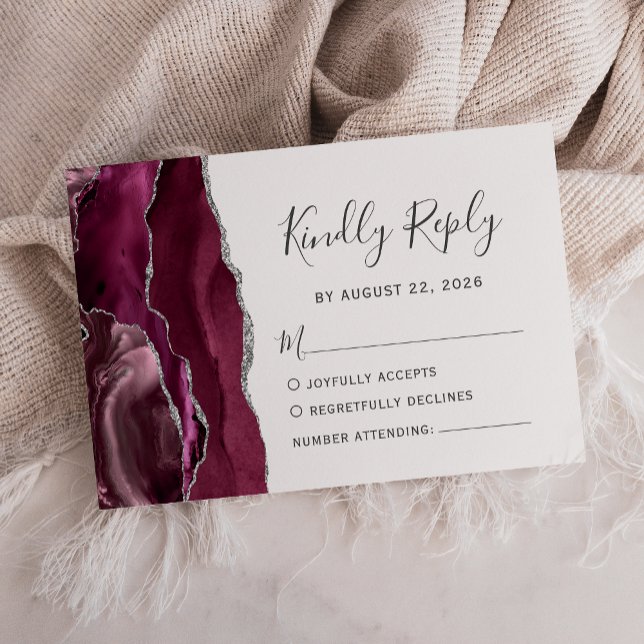 Moderne Burgundy Silver Agate Wedding RSVP Karte (Von Creator hochgeladen)