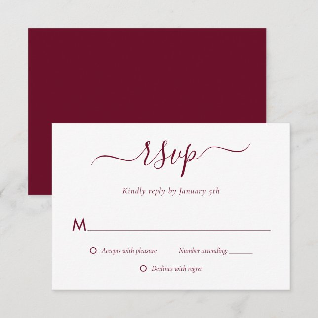 Moderne burgundy Wedding RSVP Cards (Vorne/Hinten)