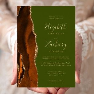 Moderne Burnt Orange Agate Olive Green Wedding Folieneinladung