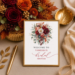 Moderne burnt-orange Blumen-Hochzeitsdusche-Tischd Poster