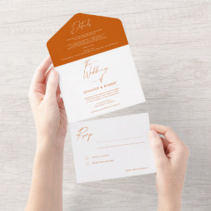 Moderne Burnt Orange Kalligrafie Script Wedding All In One Einladung