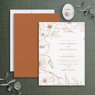 Moderne Burnt Orange Lline Art Floral Wedding Einladung