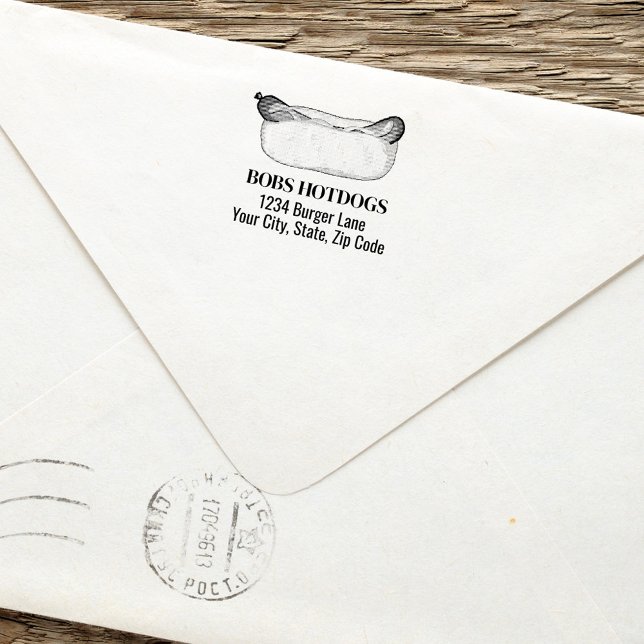 Moderne Business Hot Dog-Adresse Permastempel (Hot dog restaurant business return address stamp.)