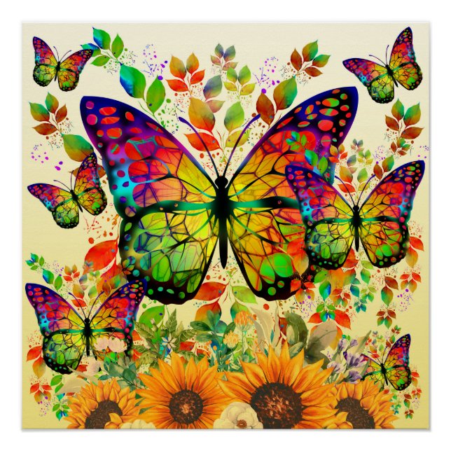 MODERNE BUTTERFLIES FARBFLIEGEN FARBIGE RAINBOW-SO POSTER (Vorderseite)