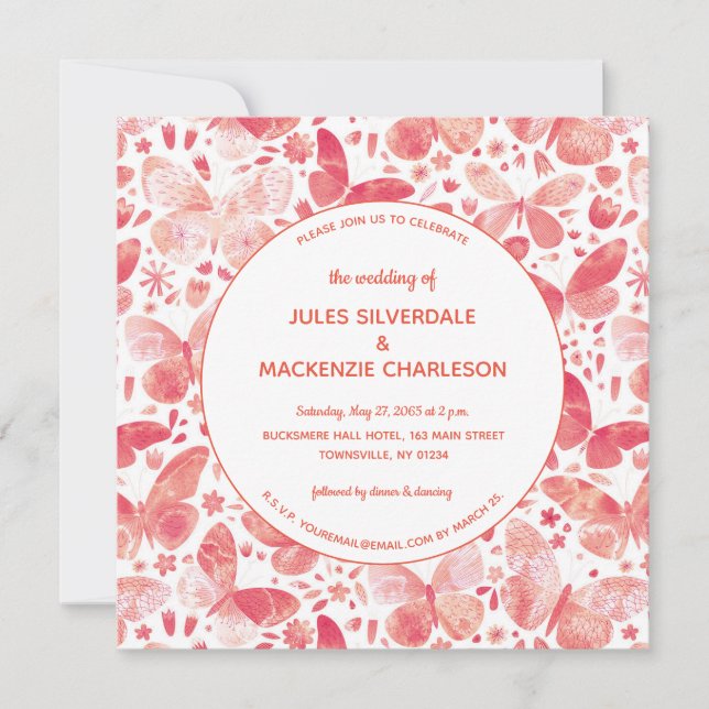Moderne Butterfly Coral Pink Hochzeit Einladung (Vorderseite)