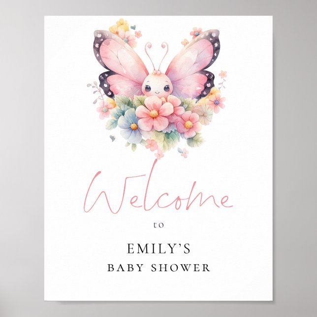 Moderne Butterfly Florals Begrüßungsdusche Poster (Vorne)