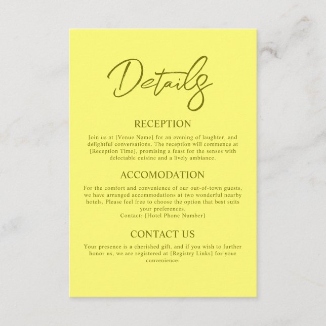 Moderne Buttergelbe Hochzeitdetails Begleitkarte (Vorderseite)
