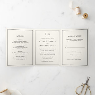 Moderne Buttergelbe Monogramm Elegante Hochzeit Dreifach Gefaltete Einladung
