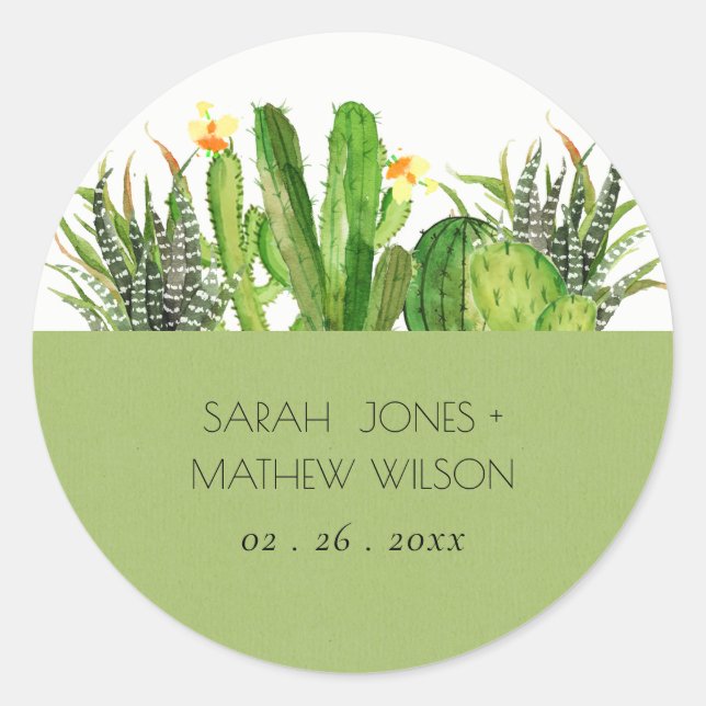 MODERNE CACTUS FLORAL GARDEN WASSERFARBENE WEDD RUNDER AUFKLEBER (Vorderseite)
