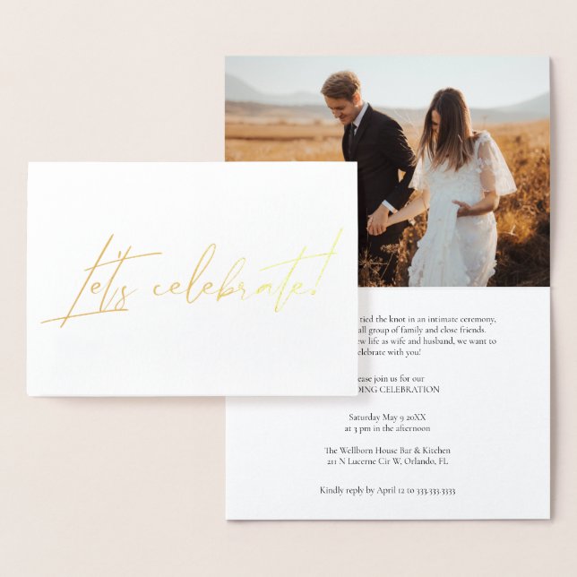 Moderne Calligraphie Gold Foil Post Wedding Party Folienkarte (Anzeige)