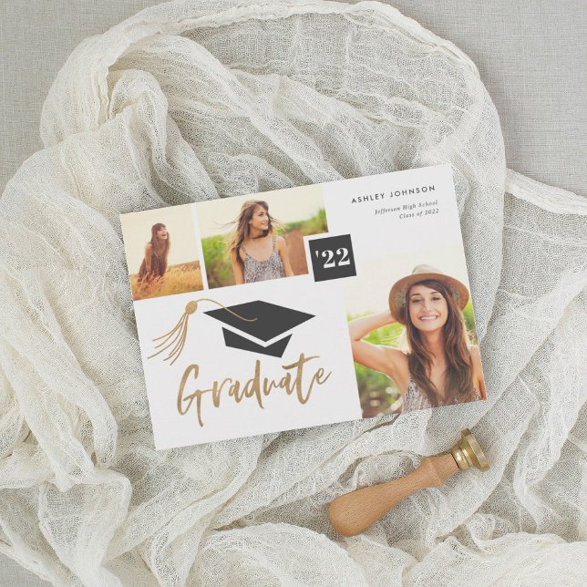 Moderne Cap and Tassel Gold Foil 3 Foto Graduate Ankündigung (Von Creator hochgeladen)