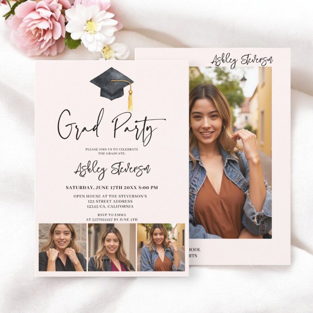 Moderne Cap Pink Einfache 4-Foto-Graduierungsparty Einladung (Modern Cap Pink Simple 4 Photo Graduation Party Invitation)
