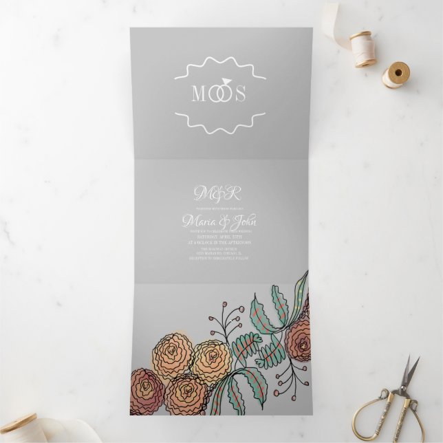 Moderne Carnation Florals Botanischer Tinte Hochze Dreifach Gefaltete Einladung (Innenseite)