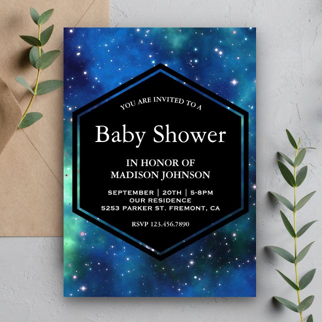 Moderne Celestial Space Galaxy Babydusche Einladung (Von Creator hochgeladen)