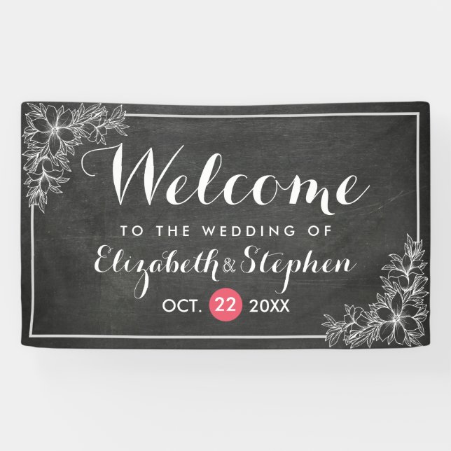 Moderne Chalkboard Blumenrahmen Hochzeit Willkomme Banner (Horizontal)