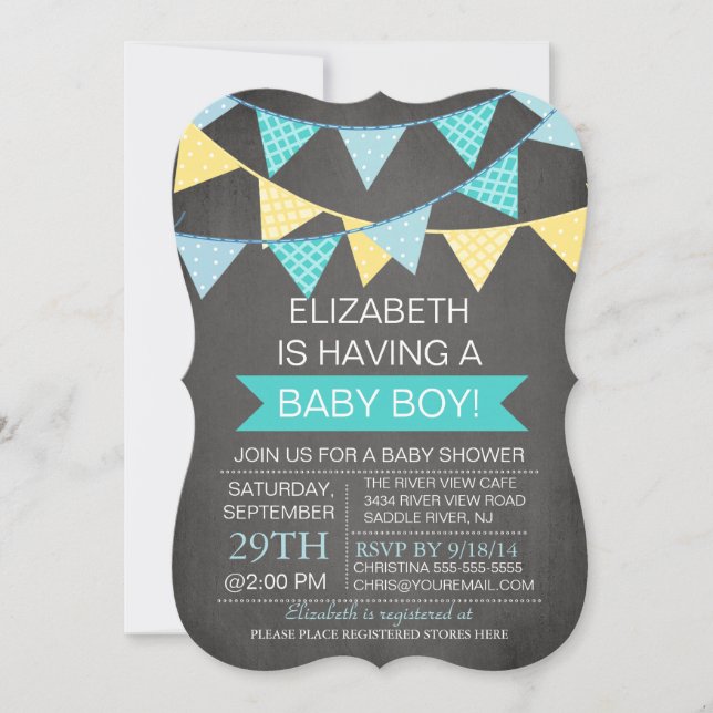 Moderne Chalkboard Bunting Boys Babydusche Einladung (Vorderseite)