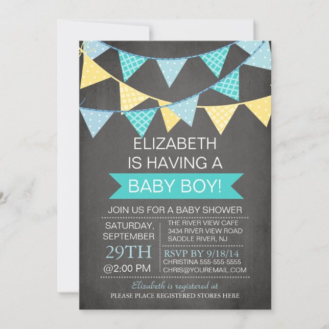Moderne Chalkboard Bunting Boys Babydusche Einladung (Vorderseite)