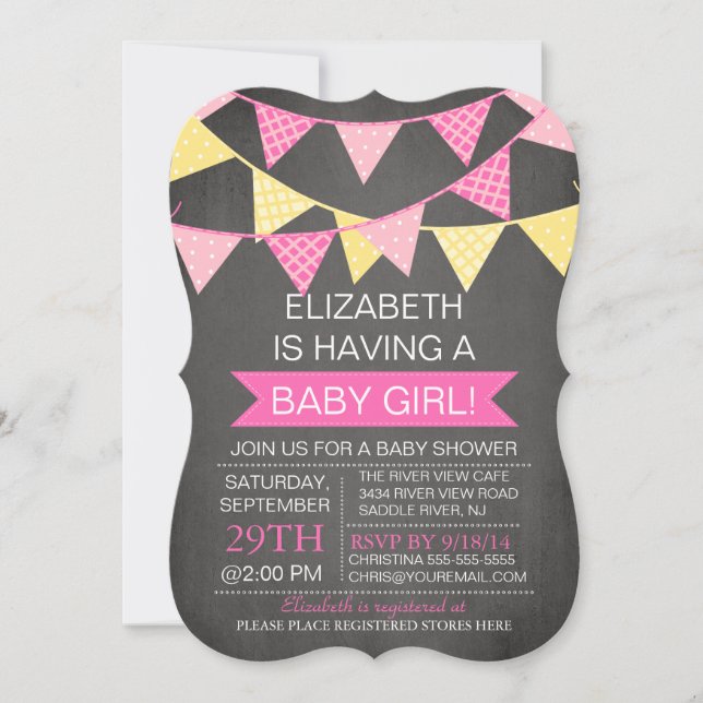 Moderne Chalkboard Bunting GIRLS Baby Showküche Einladung (Vorderseite)