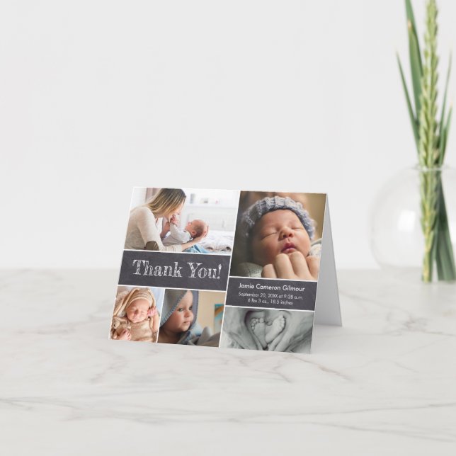 Moderne Chalkboard Foto Collage Baby Dusche Dankeskarte (Vorderseite)