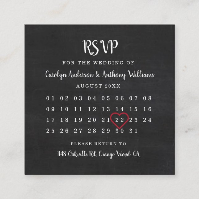 Moderne Chalkboard Kalender RSVP Karte (Vorderseite)