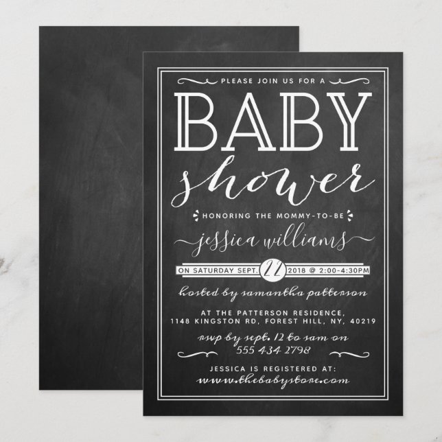 Moderne Chalkboard Trendy Typografy Baby Dusche Einladung (Vorne/Hinten)
